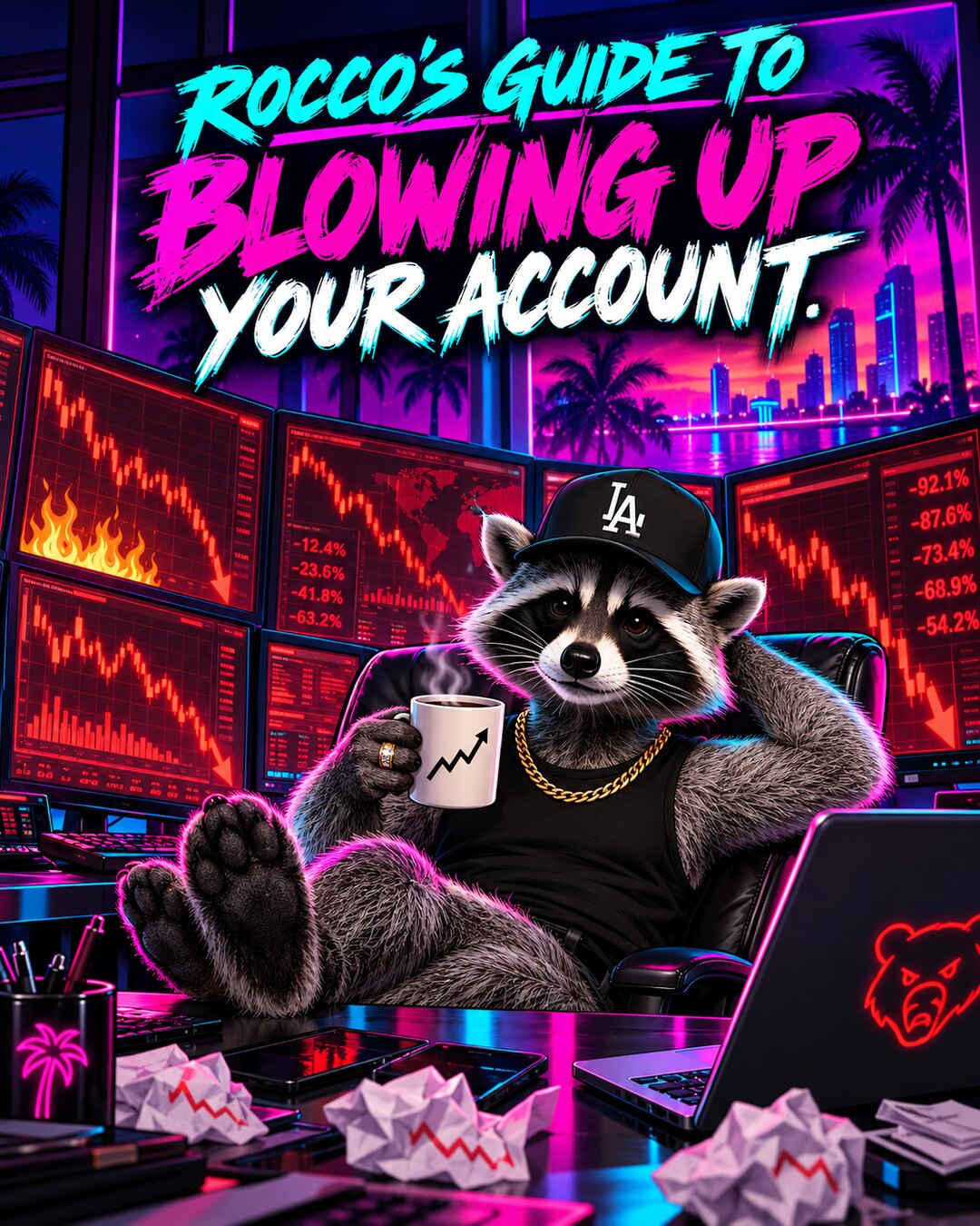 A stylized promotional graphic with the text 'ROCCO'S GUIDE TO BLOWING UP YOUR ACCOUNT.' above a raccoon sitting in a chair at a desk, wearing a black cap with a white LA logo, a black shirt, and a gold chain, holding a mug.